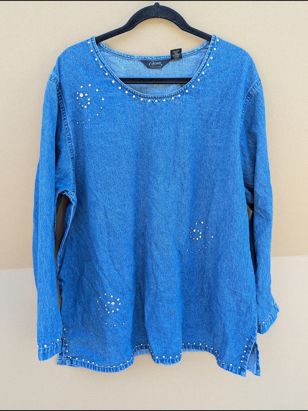 Agapo Collection Denim Blue Chambray Studded Rhinestone Long Sleeve Shirt 2X
